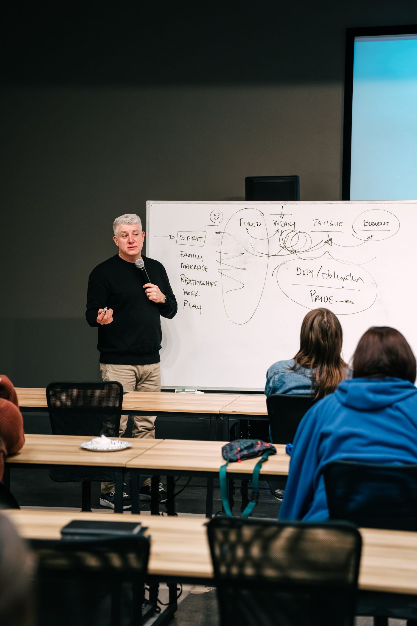 Instructor teaching a class at the whiteboard